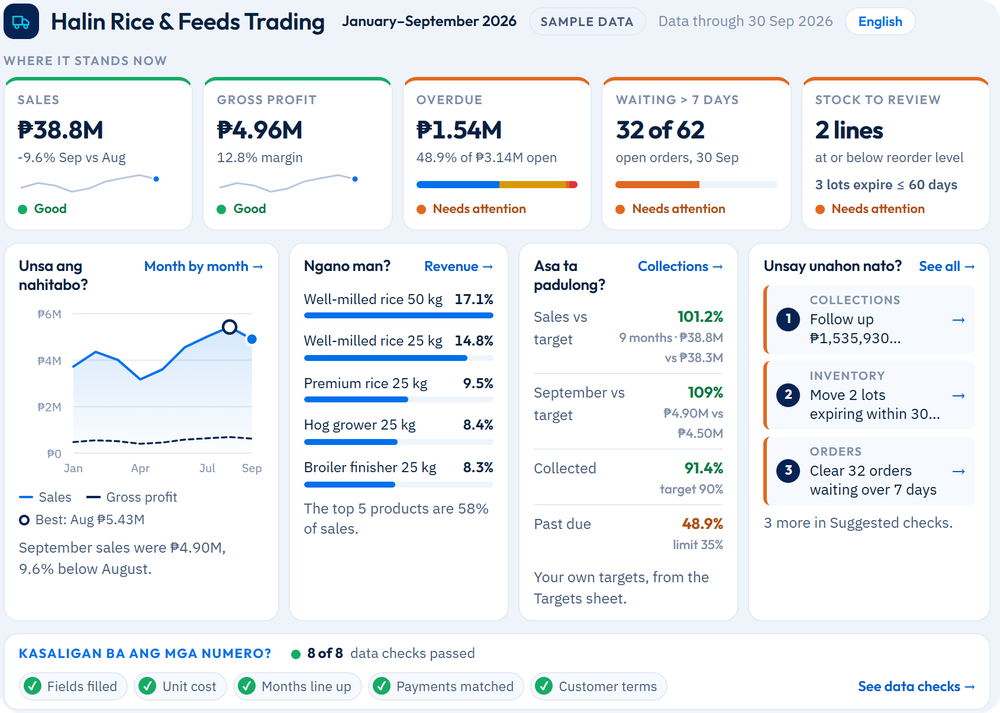 Business Pulse overview, sample data